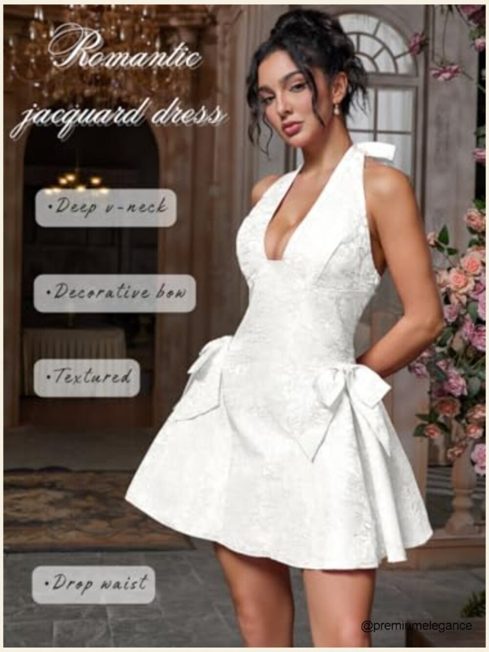 Halter V-Neck Mini Dress, Jacquard Bow A-Line, Prom Formal - Picture 3 of 7